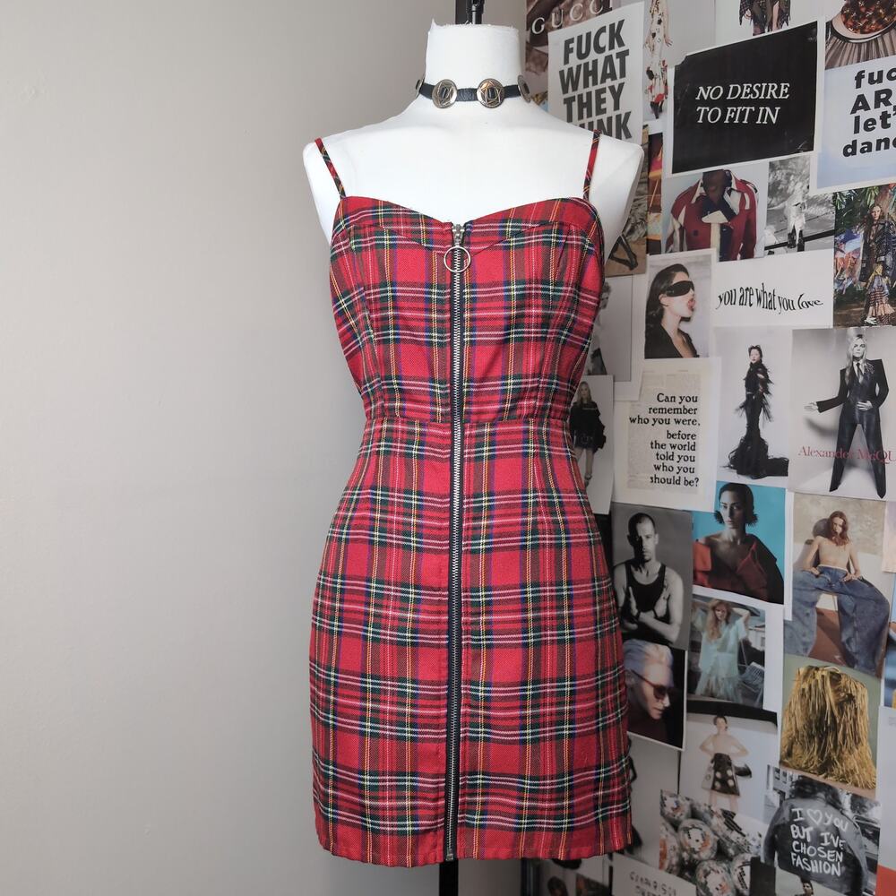 Plaid Zipper Front Mini Dress Punk